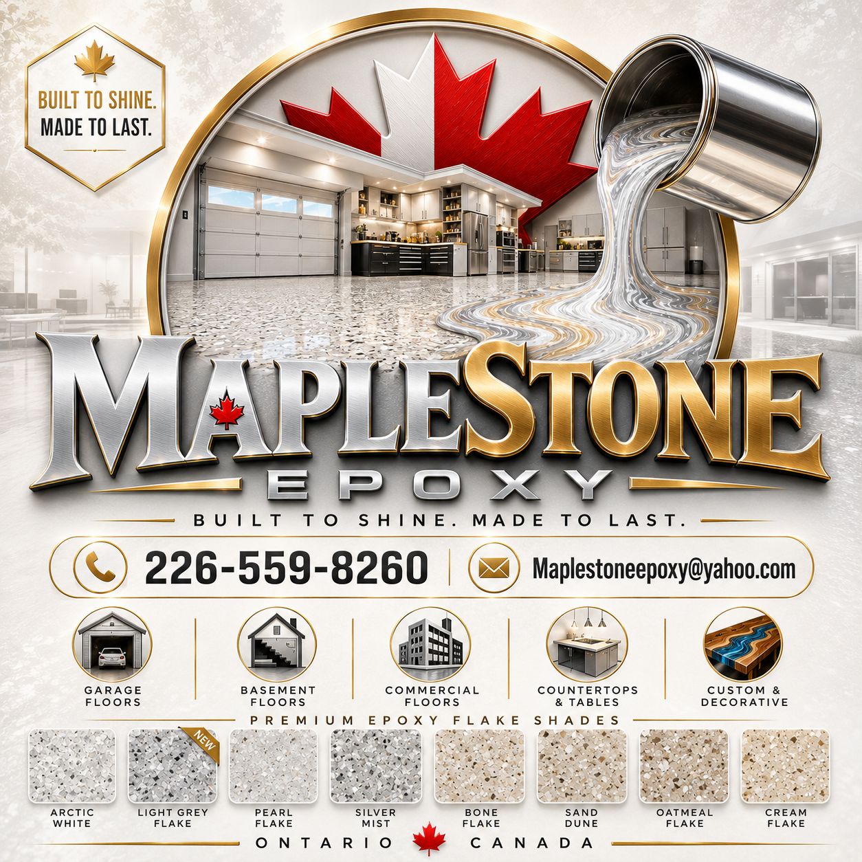 MapleStone Epoxy pearl flyer with services, contact information and premium flake shades
