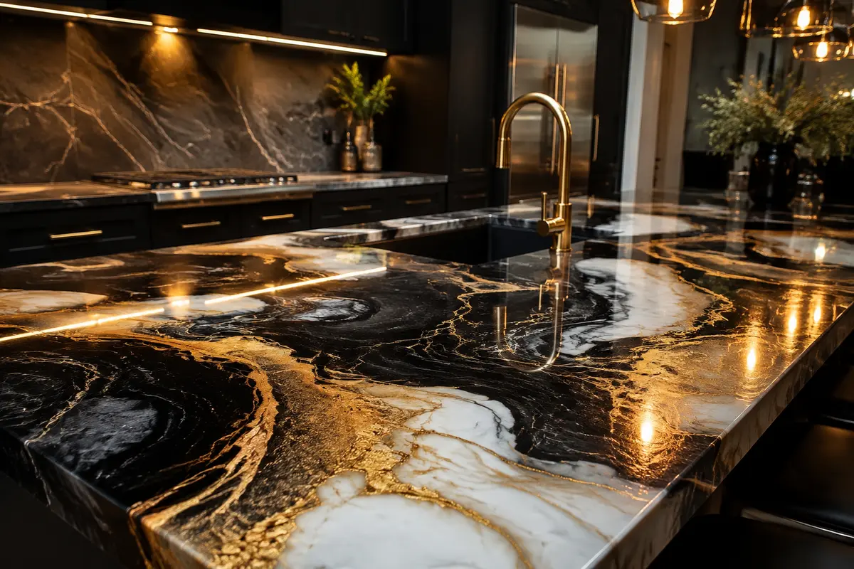 Black, white and gold metallic epoxy countertop