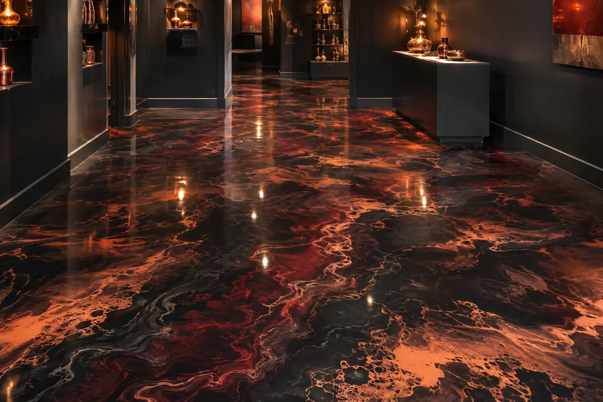 Black, copper and red decorative metallic epoxy floor