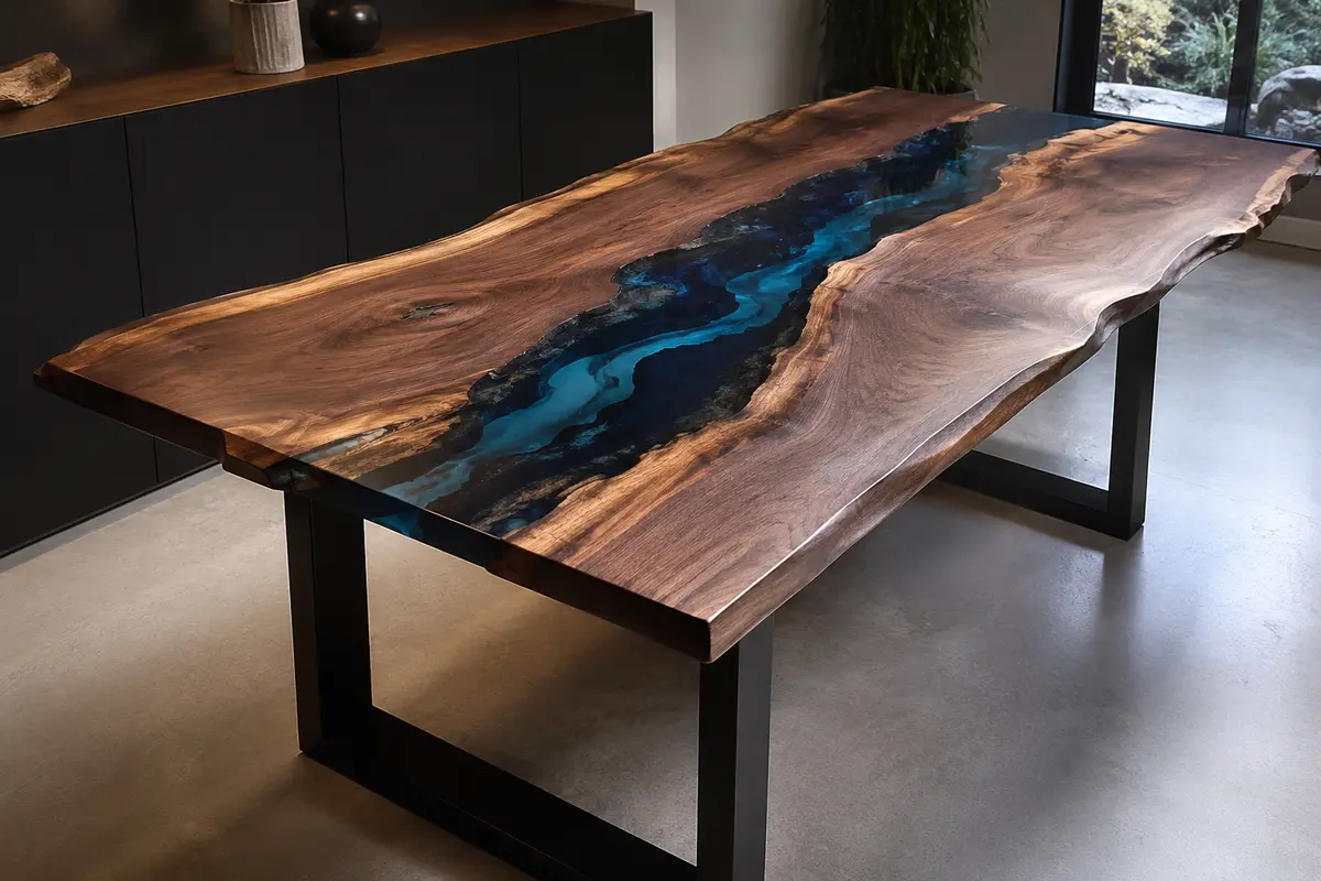 Live-edge walnut and blue epoxy river table