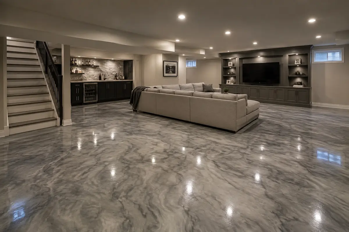 Professionally finished Ontario basement with a metallic epoxy floor