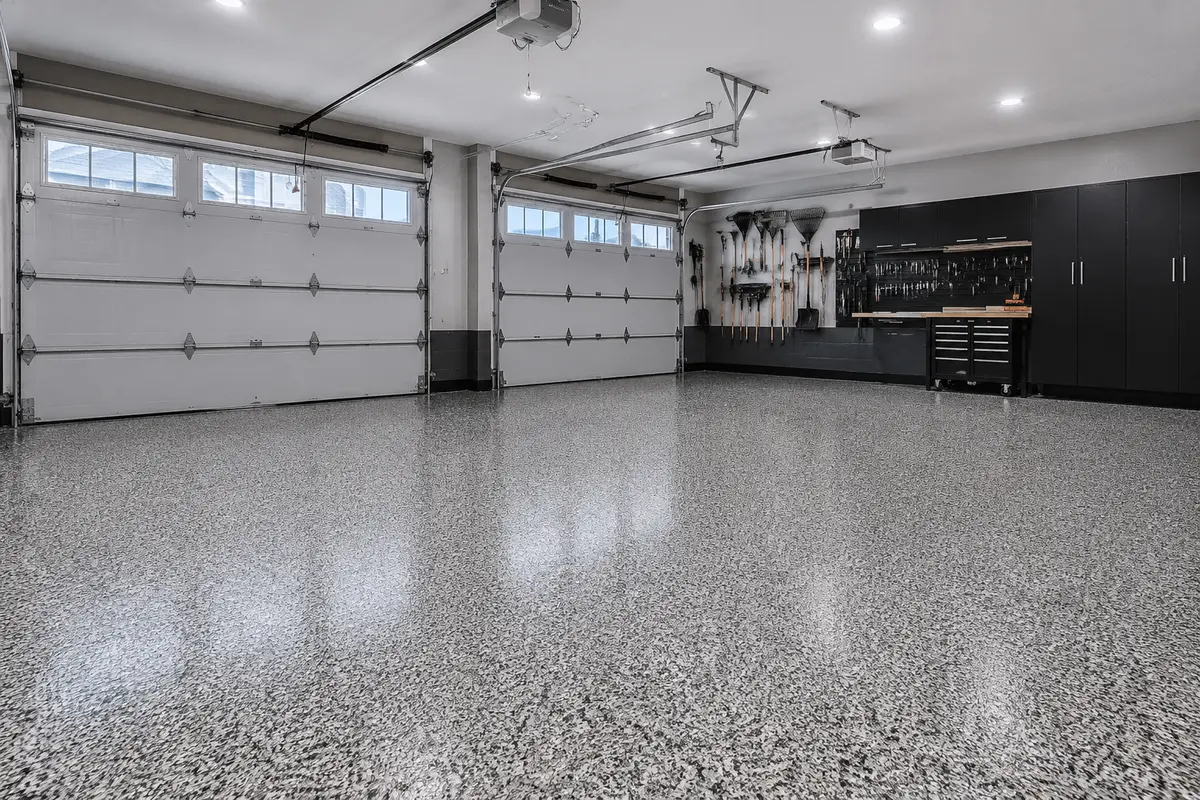 Professional two-car Ontario garage with an epoxy flake floor